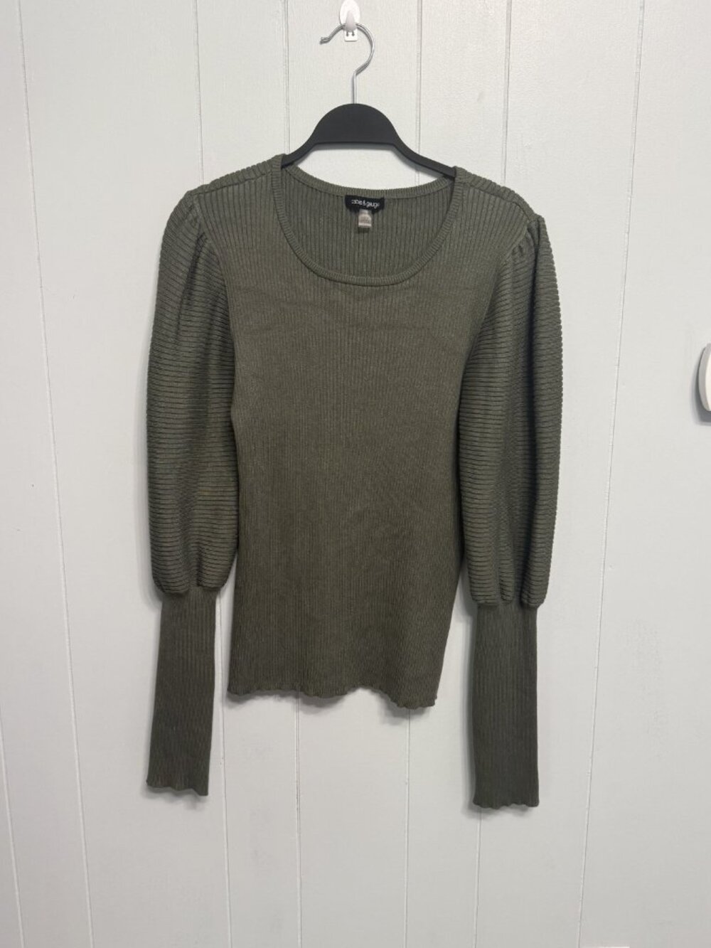 Cable & Gauge Olive Green Puff Sleeve Ribbed Knit Sweater Size XL